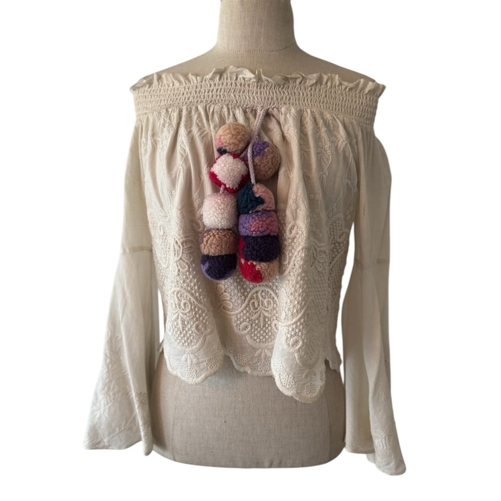 Red Carter Boho Off-Shoulder Lace Top with Pom Poms